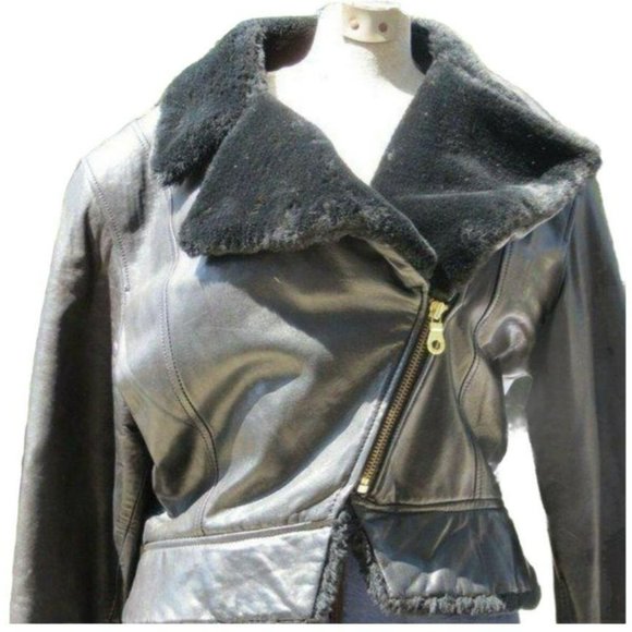 Andrew Marc NY Black Zippered Leather Jacket with Faux Fur Trim S/P JHE57 - Picture 3 of 12